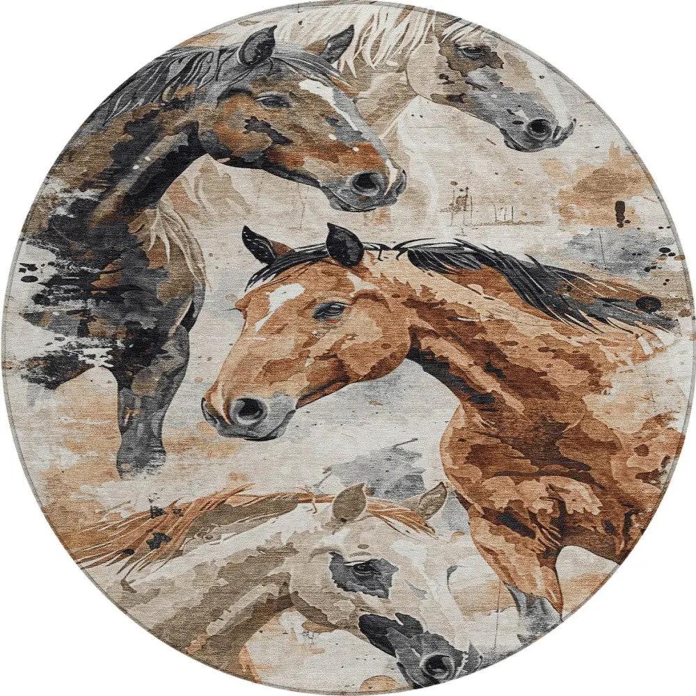 8' Beige Charcoal And Brown Round Horse Washable Indoor Outdoor Area Rug-5