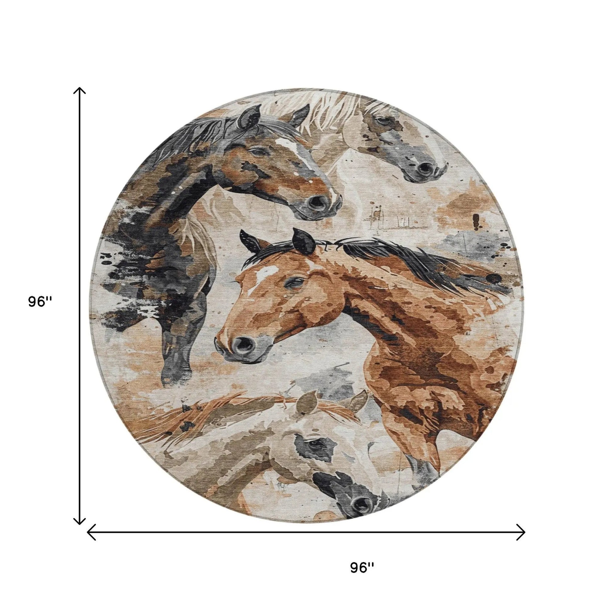 8' Beige Charcoal And Brown Round Horse Washable Indoor Outdoor Area Rug-8