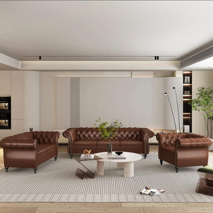 3 Piece Living Room Set, Chesterfield Leather Sofa Loveseat Couch Chair with Scroll Arms and Nailhead for Living Room, Office (Dark Brown)-0