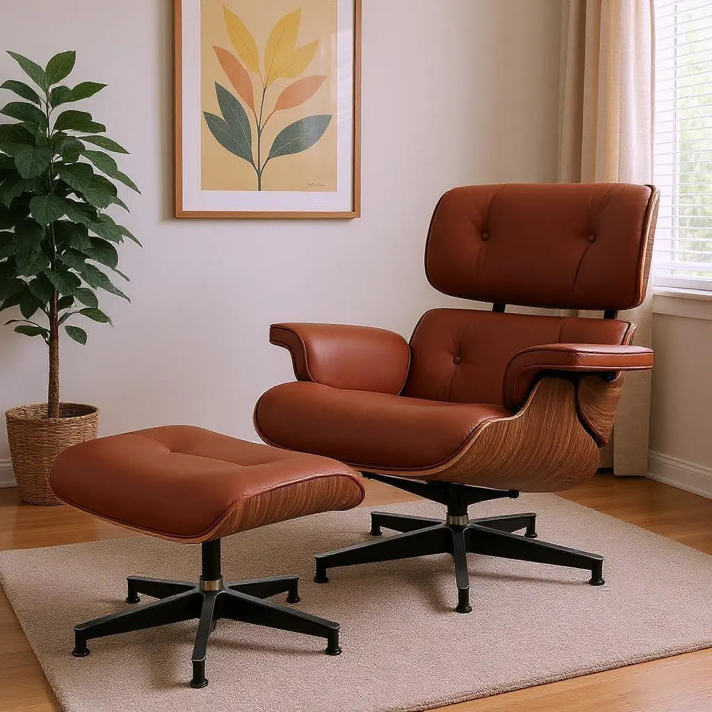 27" Brown and Light Brown Tufted Genuine Leather Swivel Lounge Chair With Ottoman Homeroots