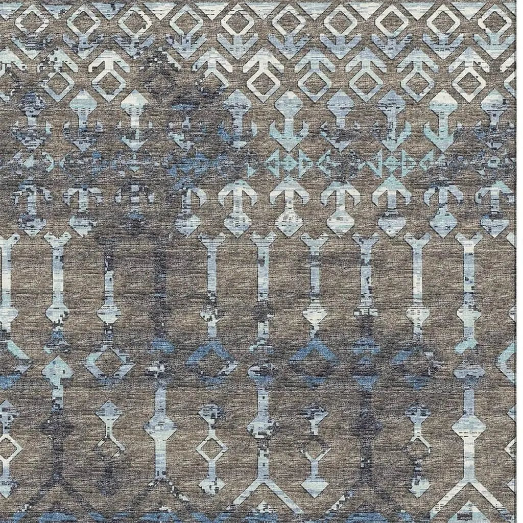 5' X 8' Burnished Brown And Blue Tribal Washable Area Rug With UV Protection-2