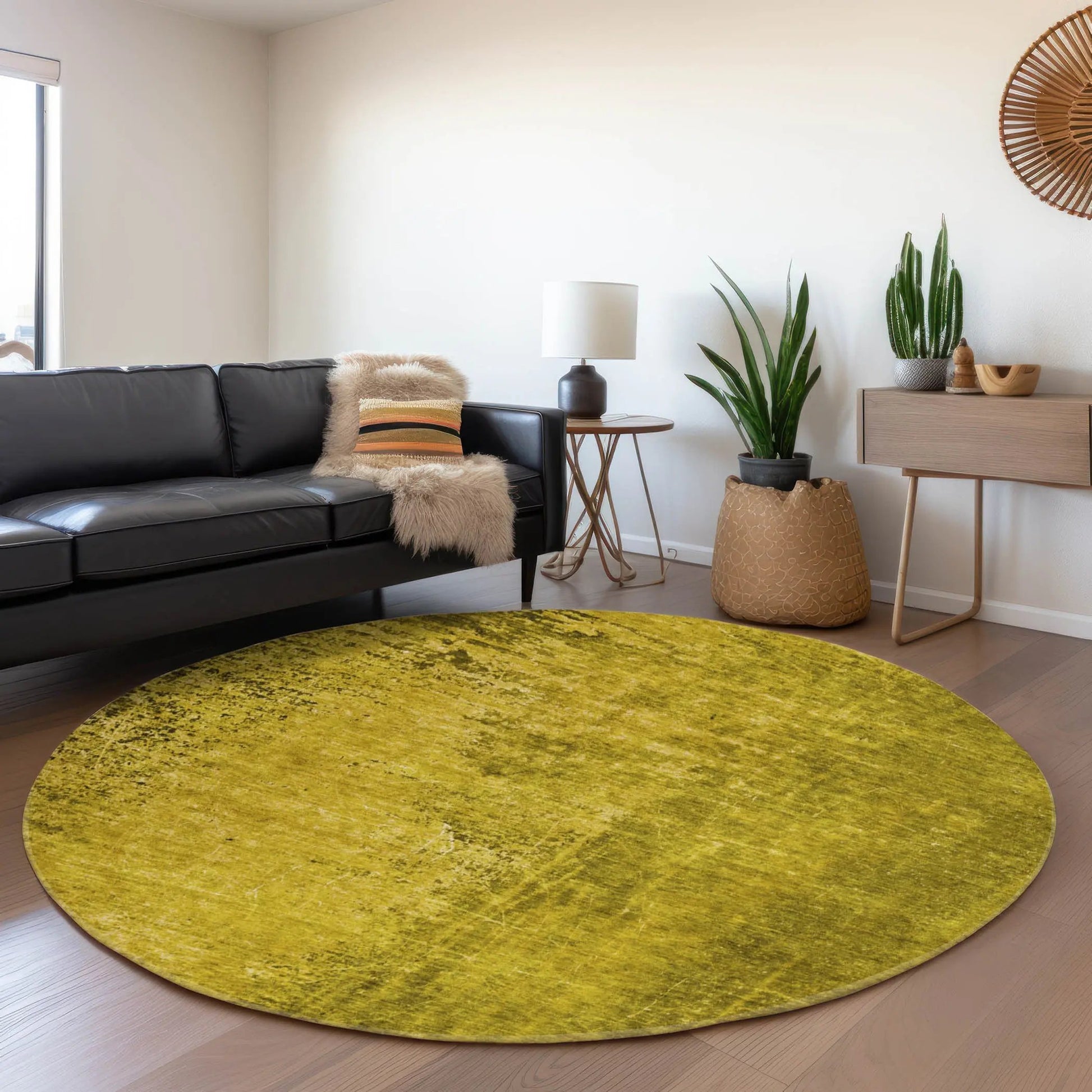 8' Gold And Gray Abstract Washable Round Rug With UV Protection-5