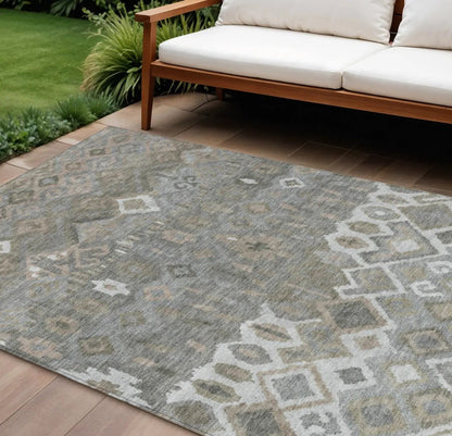 8' X 10' Pewter Ivory And Tan Geometric Washable Indoor Outdoor Area Rug-0