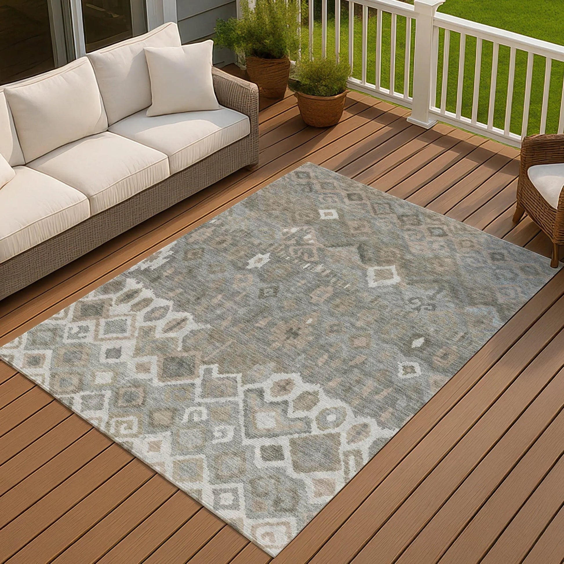 8' X 10' Pewter Ivory And Tan Geometric Washable Indoor Outdoor Area Rug-7