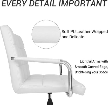 Mid-Back Office Task Chair Ribbed PU Leather Executive Modern Adjustable Home Desk Retro Comfortable Work Chair 360 Degree Swivel with Arms (White)-4