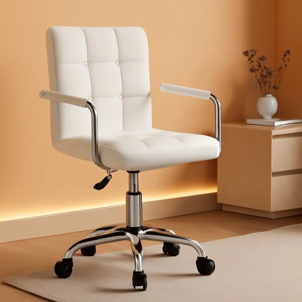 Mid-Back Office Task Chair Ribbed PU Leather Executive Modern Adjustable Home Desk Retro Comfortable Work Chair 360 Degree Swivel with Arms (White)-0
