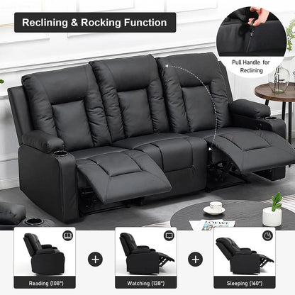 Recline Chair Set，Furniture 2PC Bonded Leather Recliner Set Living Room Set, Sofa, Loveseat（Black,Living Room Set3+2）-4