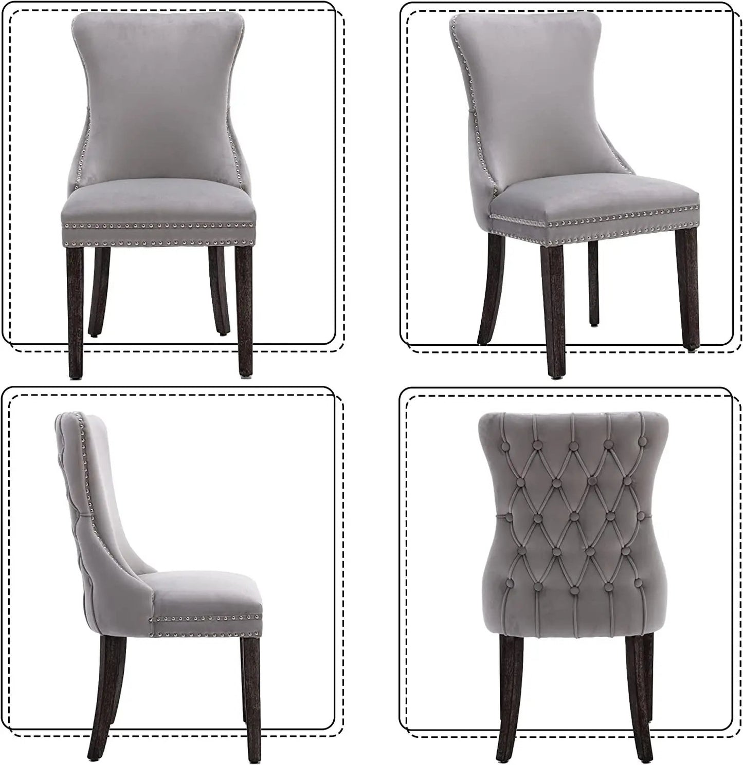 Set of 2 Light Gray Velvet Tufted Wingback Dining Side Chairs, Nailhead, Solid Wood Legs-3