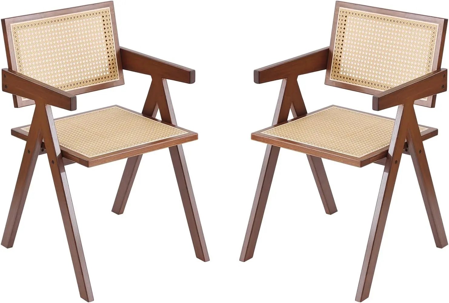 Rattan Dining Chairs Set of 2, Mid Century Modern Armchairs, Wooden Kitchen Chairs for Dining Room, Living Room, Walnut ShipItFurniture