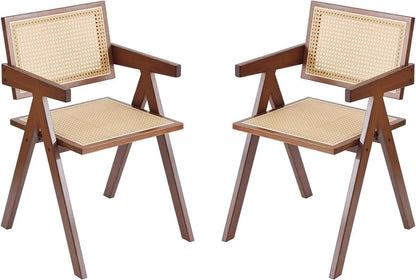 Rattan Dining Chairs Set of 2, Mid Century Modern Armchairs, Wooden Kitchen Chairs for Dining Room, Living Room, Walnut ShipItFurniture