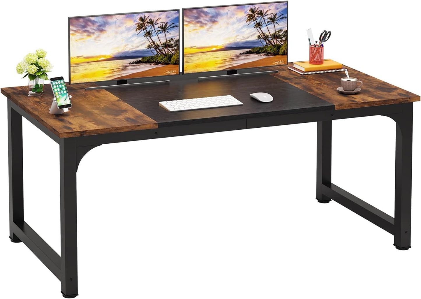 63 Inch Large Executive Computer Office Desk, Brown+Black-0