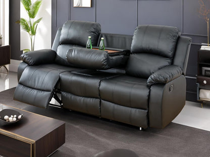 Black Vegan Leather 3-Seater Reclining Sofa Table, Cup Holders-0