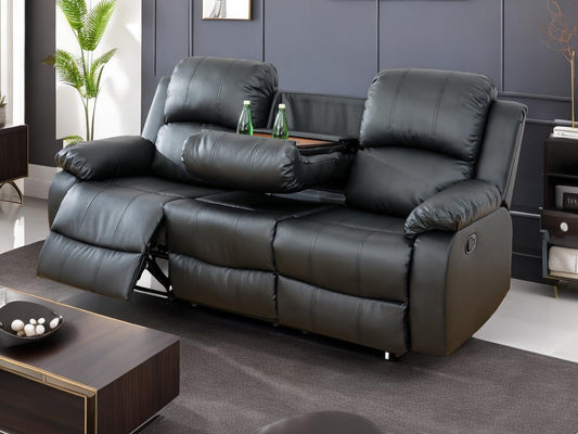 Black Vegan Leather 3-Seater Reclining Sofa Table, Cup Holders-0
