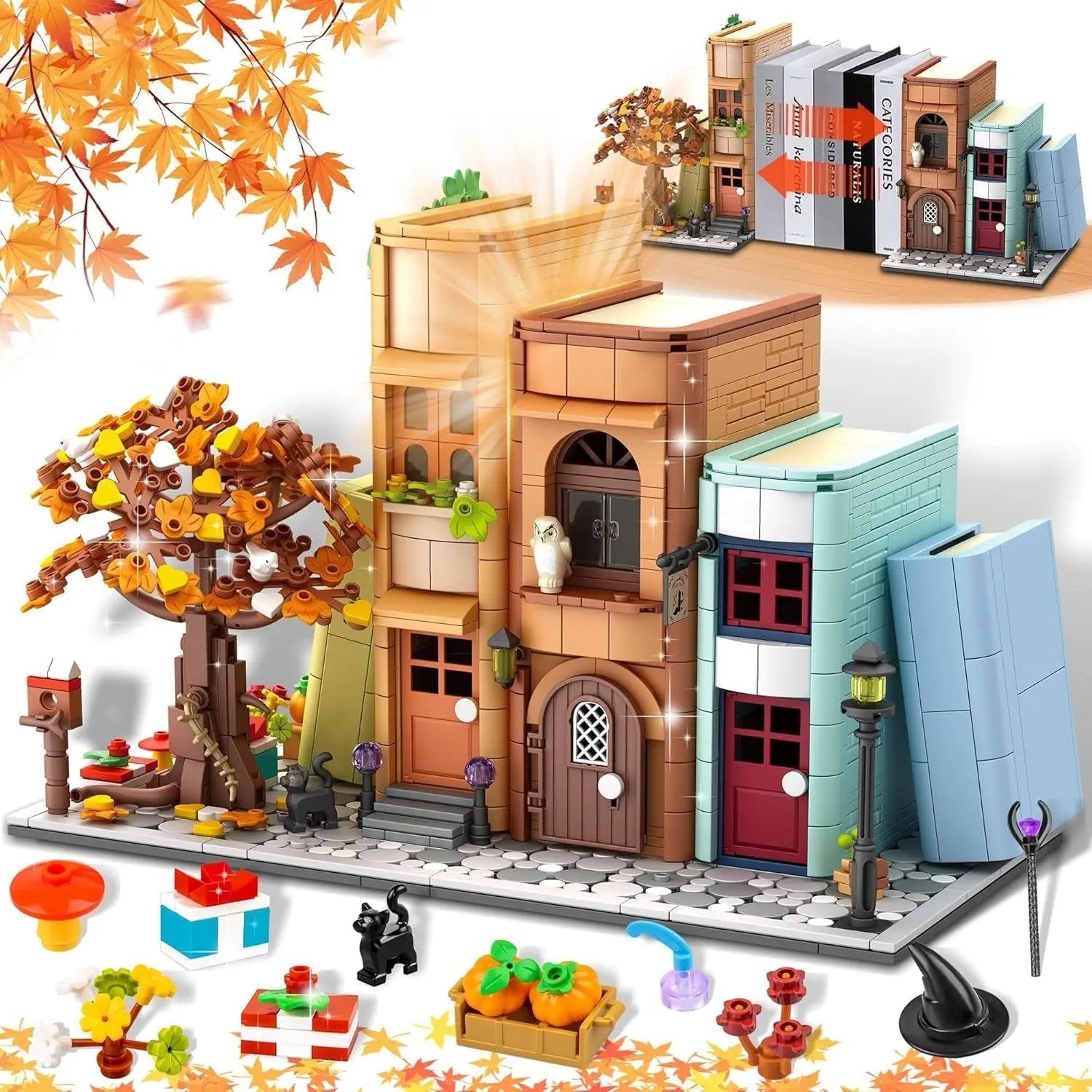 Bookend Magic House Building Kit, Home Decorative for Building Block Toy, Bookcase Miniature House Model Building, Cool Bookshelf Organizer and Home Decor 1488Pcs-0