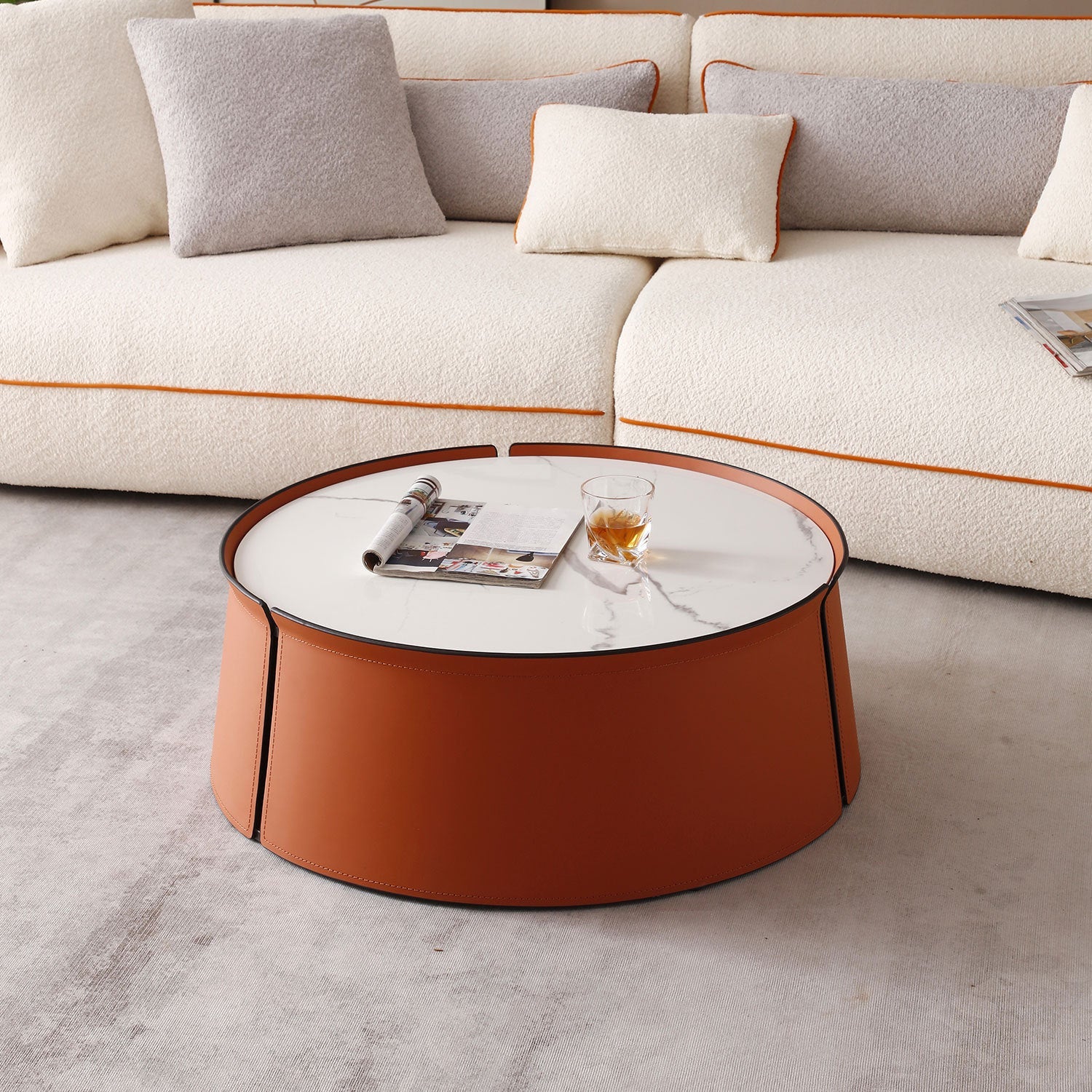 31.5" Coffee Table, Marble Top and Orange Saddle Leather Body G-BlakHom