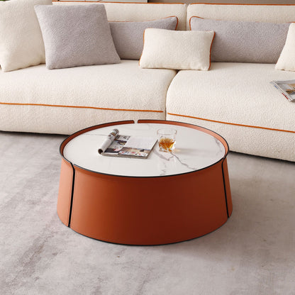 31.5" Coffee Table, Marble Top and Orange Saddle Leather Body G-BlakHom