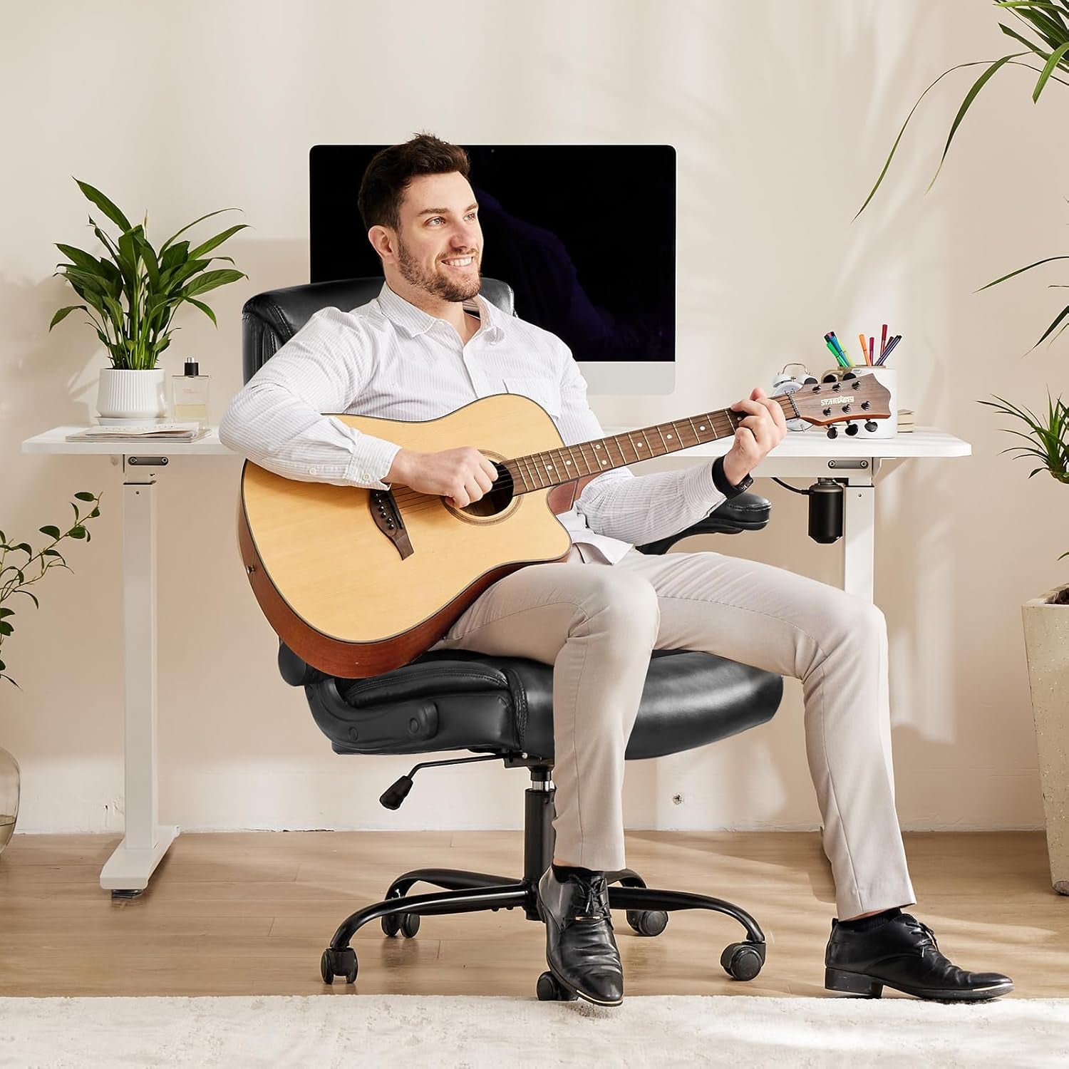 Computer Gaming Chair, Ergonomic Office Chair Heavy Duty Task Desk Chair with Flip-Up Arms, PU Leather, Adjustable Swivel Rolling Chair with Wheels, Black-1