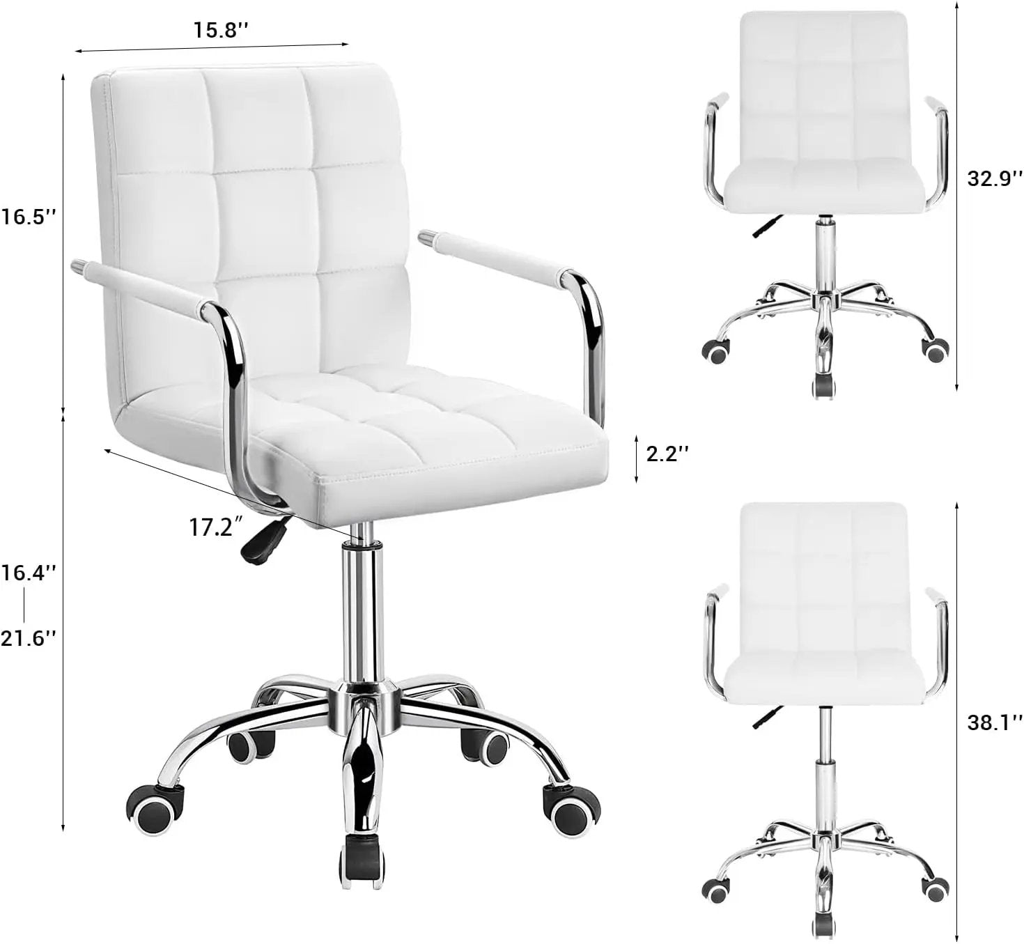 Mid-Back Office Task Chair Ribbed PU Leather Executive Modern Adjustable Home Desk Retro Comfortable Work Chair 360 Degree Swivel with Arms (White)-2