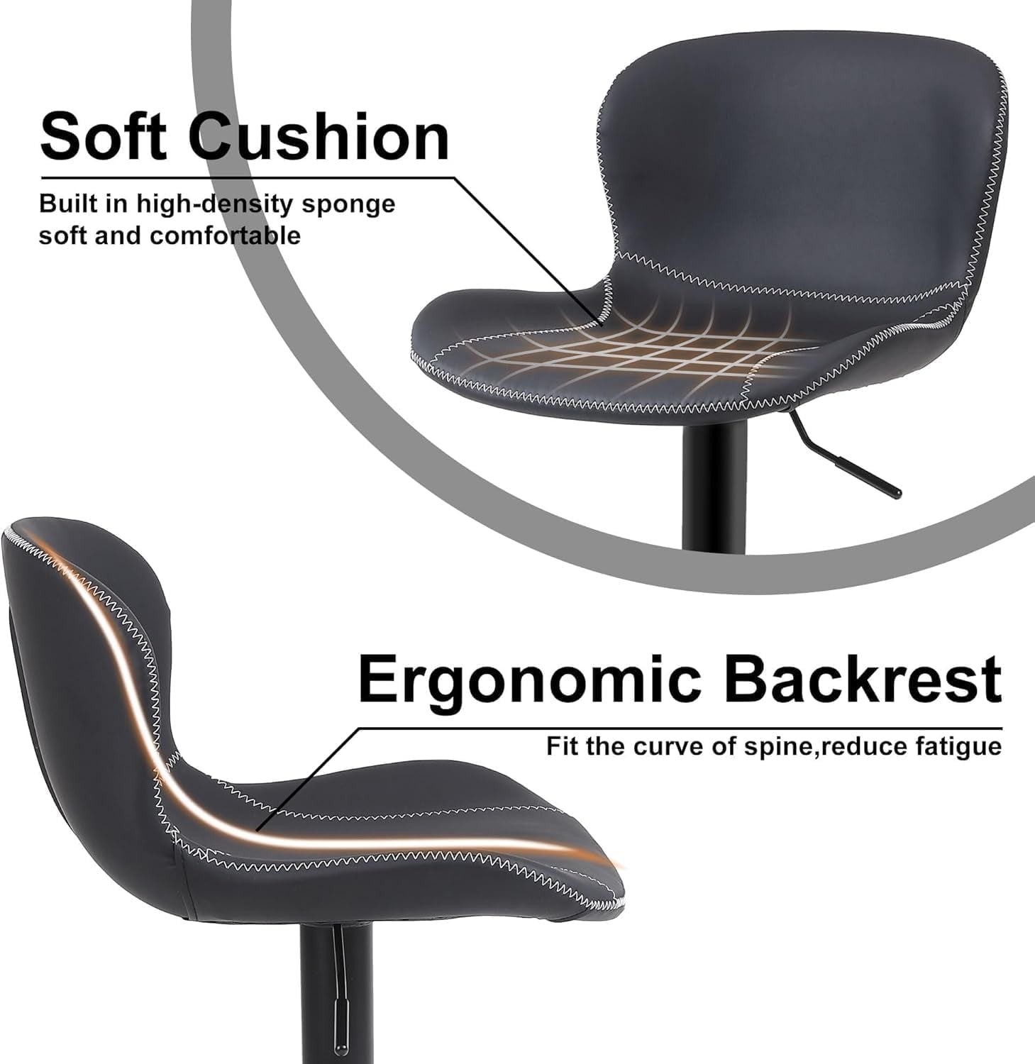 Bar Stools Set of 2, PU Leather Counter Height Barstools with Back, Height Adjustable Swivel Bar Chairs, Modern Armless Kitchen Island Stool, Black-4