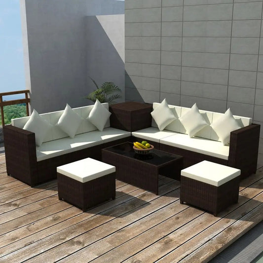 NNEVL 8 Piece Garden Lounge Set with Cushions Poly Rattan Brown-0