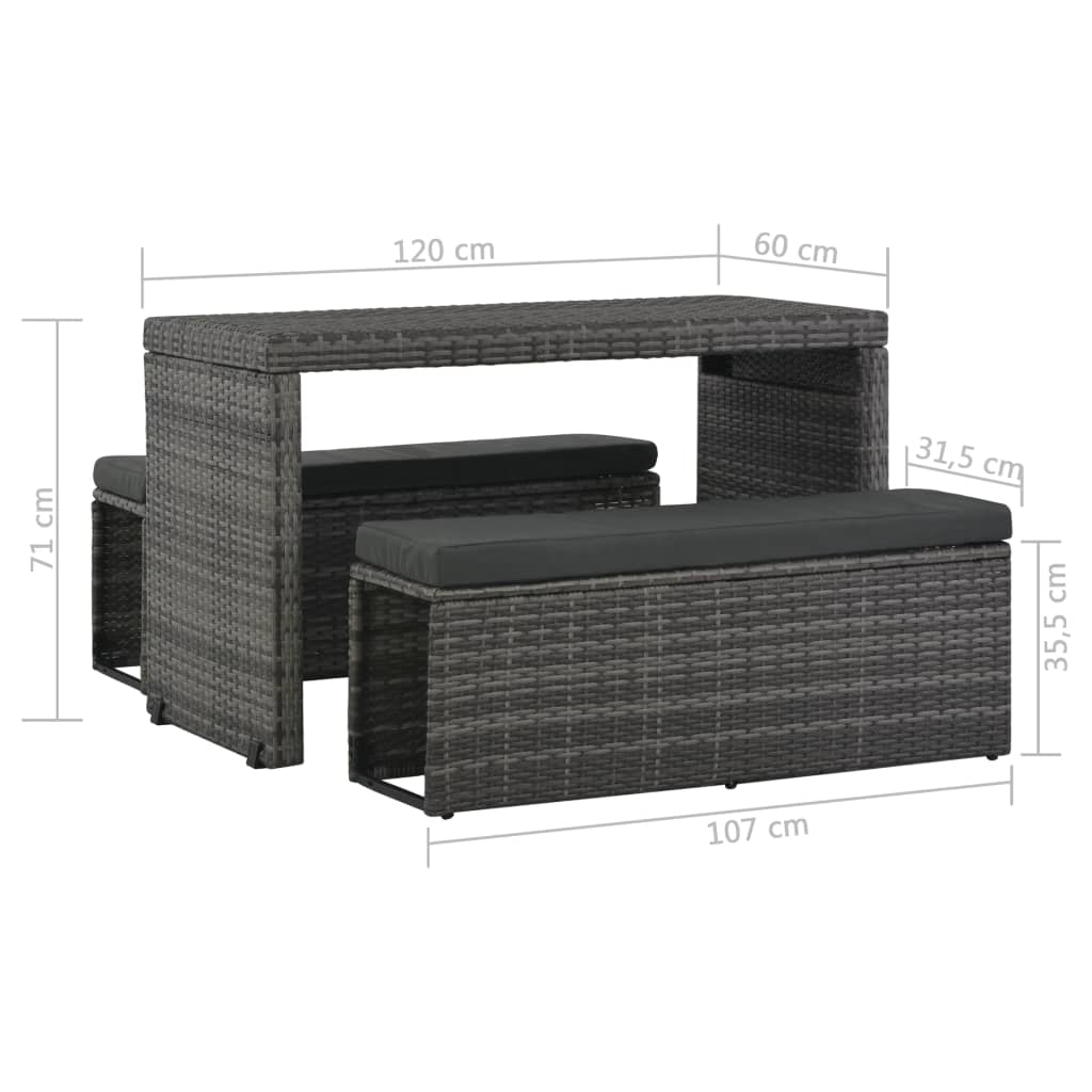 vidaXL 3 Piece Patio Dining Set with Cushions Poly Rattan Gray VidaXL