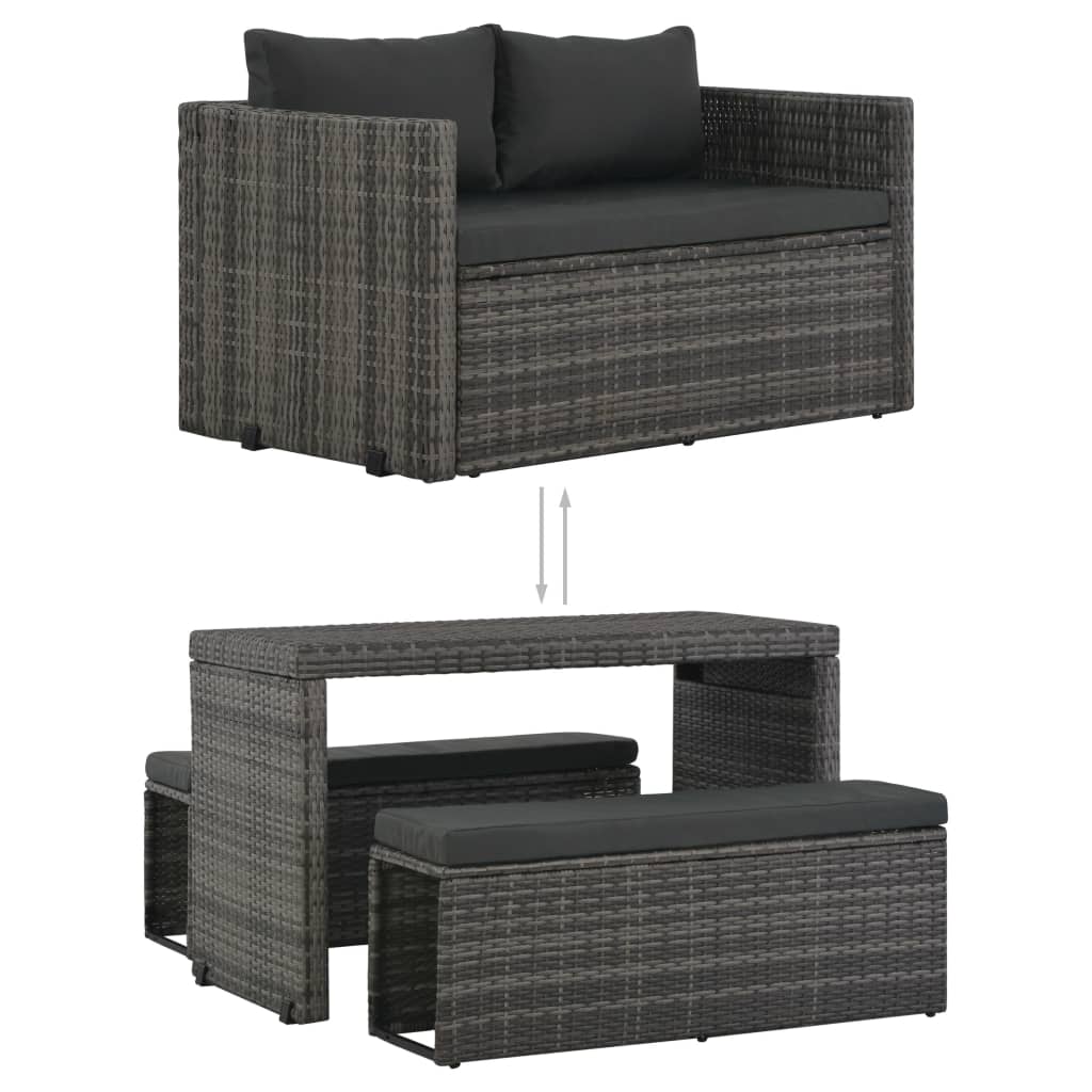 vidaXL 3 Piece Patio Dining Set with Cushions Poly Rattan Gray VidaXL