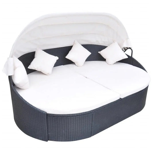 NNEVL Outdoor Lounge Bed with Canopy Poly Rattan Black-0