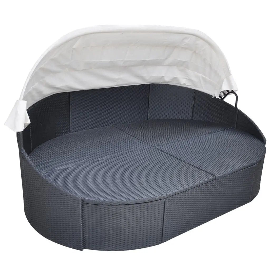 NNEVL Outdoor Lounge Bed with Canopy Poly Rattan Black-2