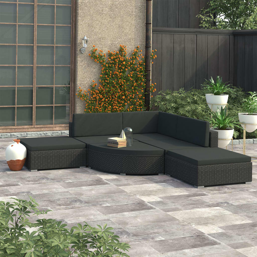 vidaXL 6 Piece Patio Lounge Set with Cushions Poly Rattan Black VidaXL