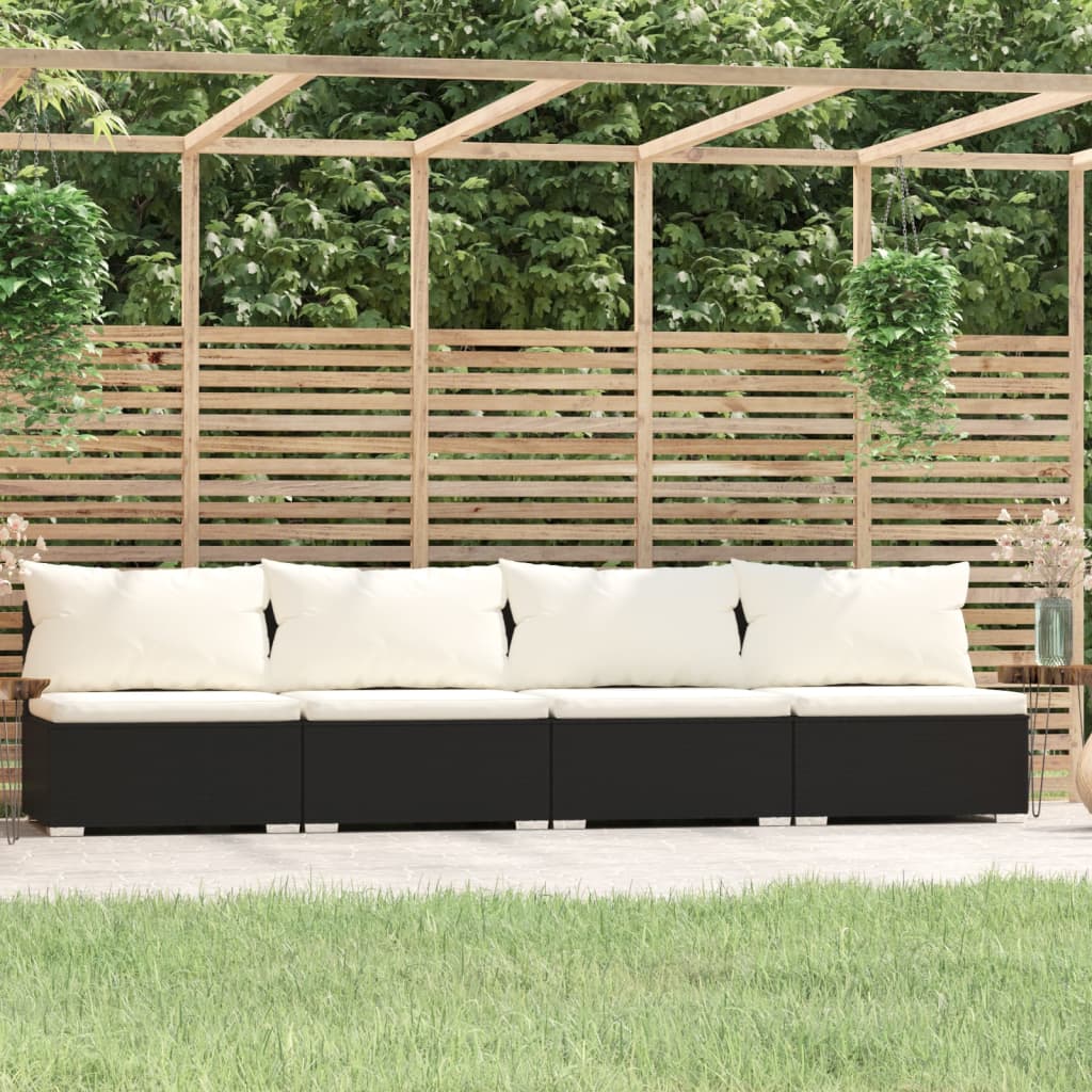 vidaXL 4 Seater Sofa with Cushions Black Poly Rattan VidaXL