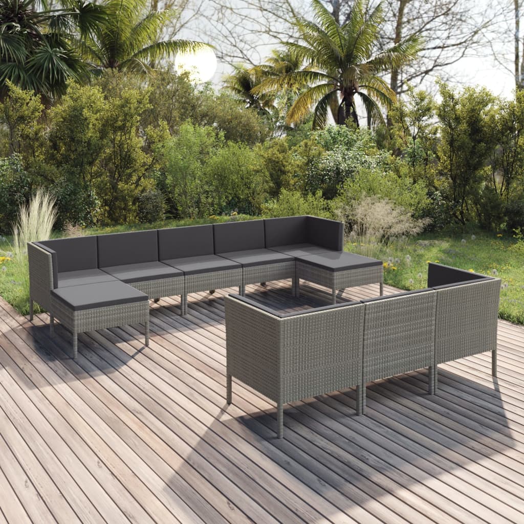vidaXL 10 Piece Patio Lounge Set with Cushions Poly Rattan Gray VidaXL