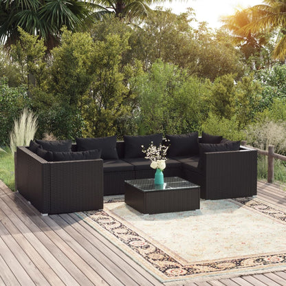 NNEVL 7 Piece Garden Lounge Set with Cushions Poly Rattan Black-0