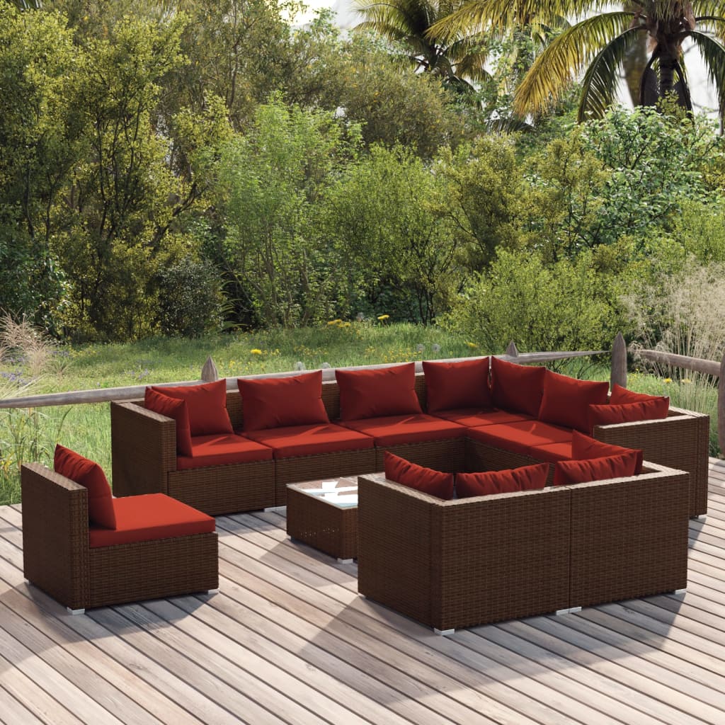 vidaXL 10 Piece Patio Lounge Set with Cushions Poly Rattan Brown VidaXL