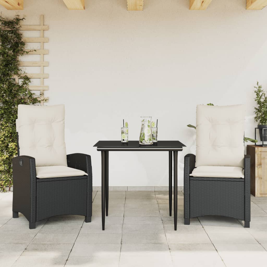 vidaXL 3 Piece Patio Dining Set with Cushions Black Poly Rattan VidaXL