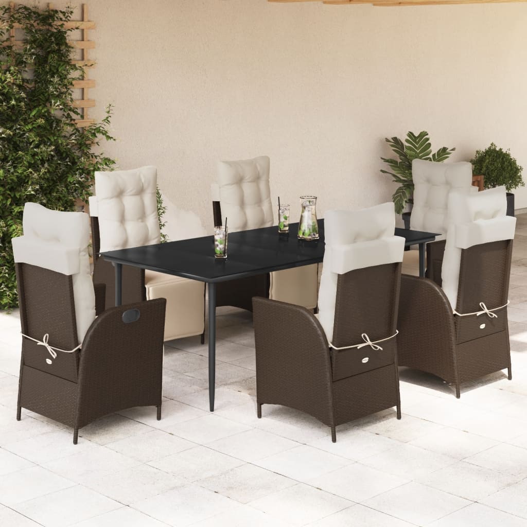 vidaXL 7 Piece Patio Dining Set with Cushions Brown Poly Rattan VidaXL