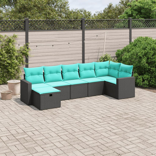 vidaXL 7 Piece Patio Sofa Set with Cushions Black Poly Rattan VidaXL