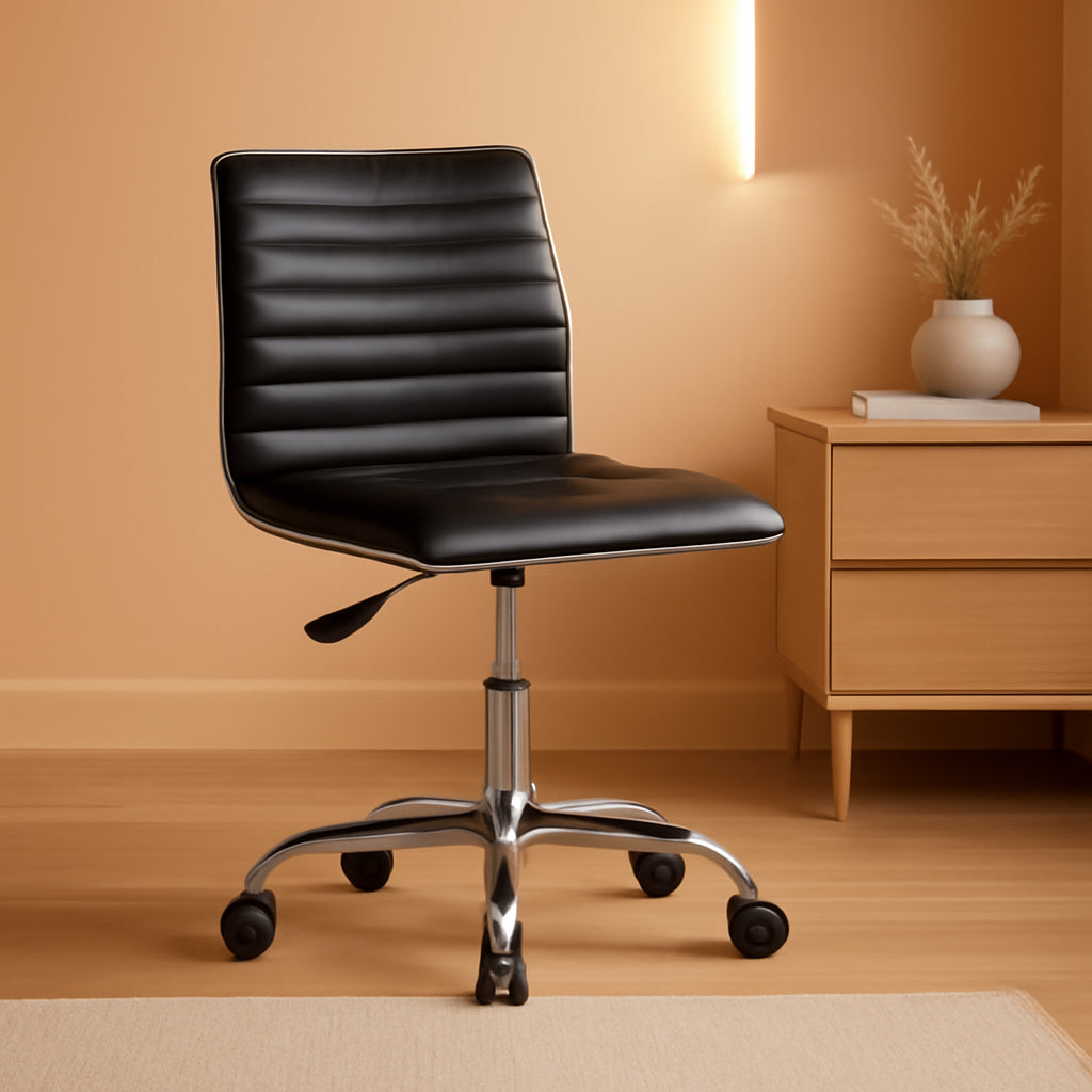 Alan Low Back Designer Armless Black Ribbed Swivel Task Office Chair ShipItFurniture