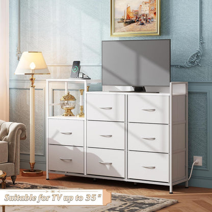 White Dresser TV Stand for Bedroom with Charging Station and Open Shelves, Fabric Dresser with 8 Drawers and Wood Top, Wide Storage Chest of Drawers for Living Room, Hallway ShipItFurniture