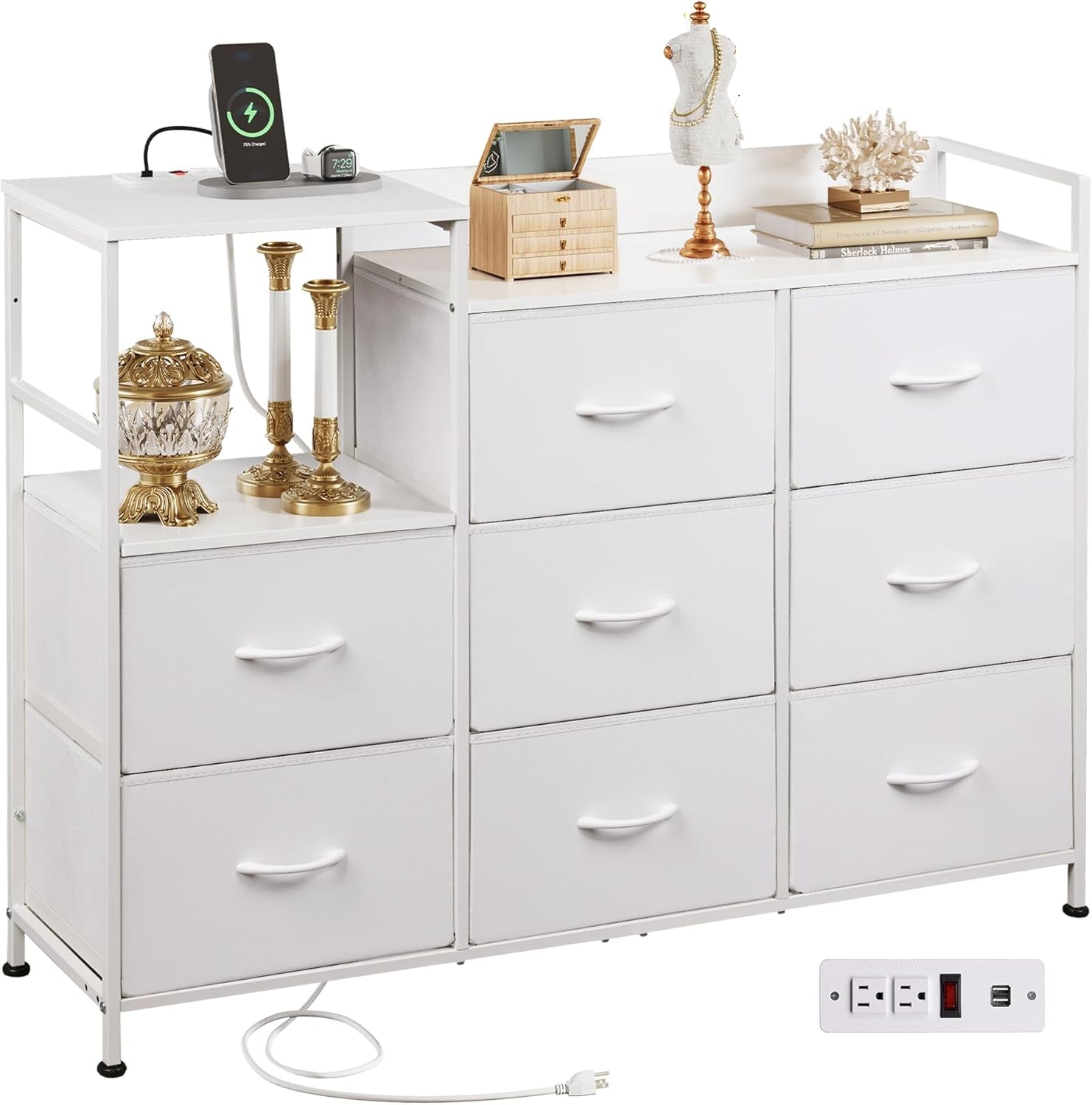 White Dresser TV Stand for Bedroom with Charging Station and Open Shelves, Fabric Dresser with 8 Drawers and Wood Top, Wide Storage Chest of Drawers for Living Room, Hallway ShipItFurniture
