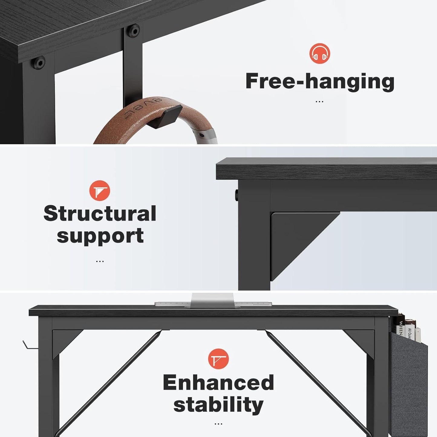 Computer Small Office Desk 40 Inch Writing Study Work with Storage Bag, Headphone Hooks, Home Simple Modern Wood Kids Student Table - Black ShipItFurniture