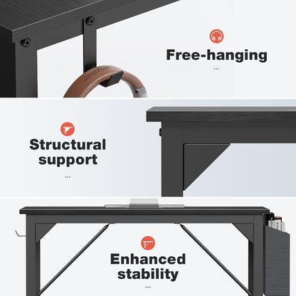 Computer Small Office Desk 40 Inch Writing Study Work with Storage Bag, Headphone Hooks, Home Simple Modern Wood Kids Student Table - Black ShipItFurniture