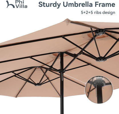 15Ft Large Patio Umbrellas with Base Included, Outdoor Double-Sided Rectangle Market Umbrella with Crank Handle, for Poolside Lawn Garden, Beige-3