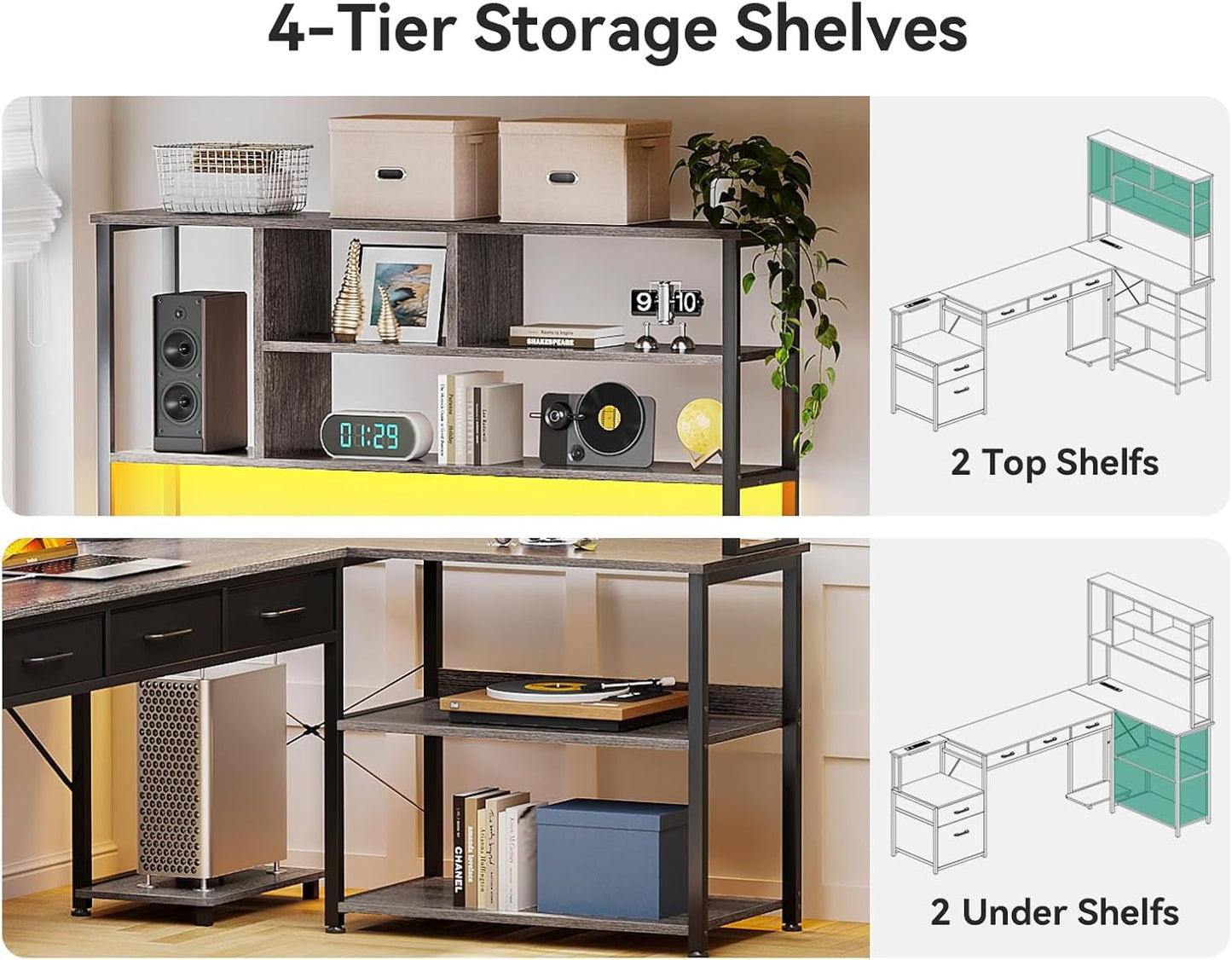 79 Inch L Shaped Desk with File Drawers, Reversible L Shaped Gaming Desk with Power Outlets & LED Lights, Computer Desk with Storage Shelves for Home Office, Grey Oak-4