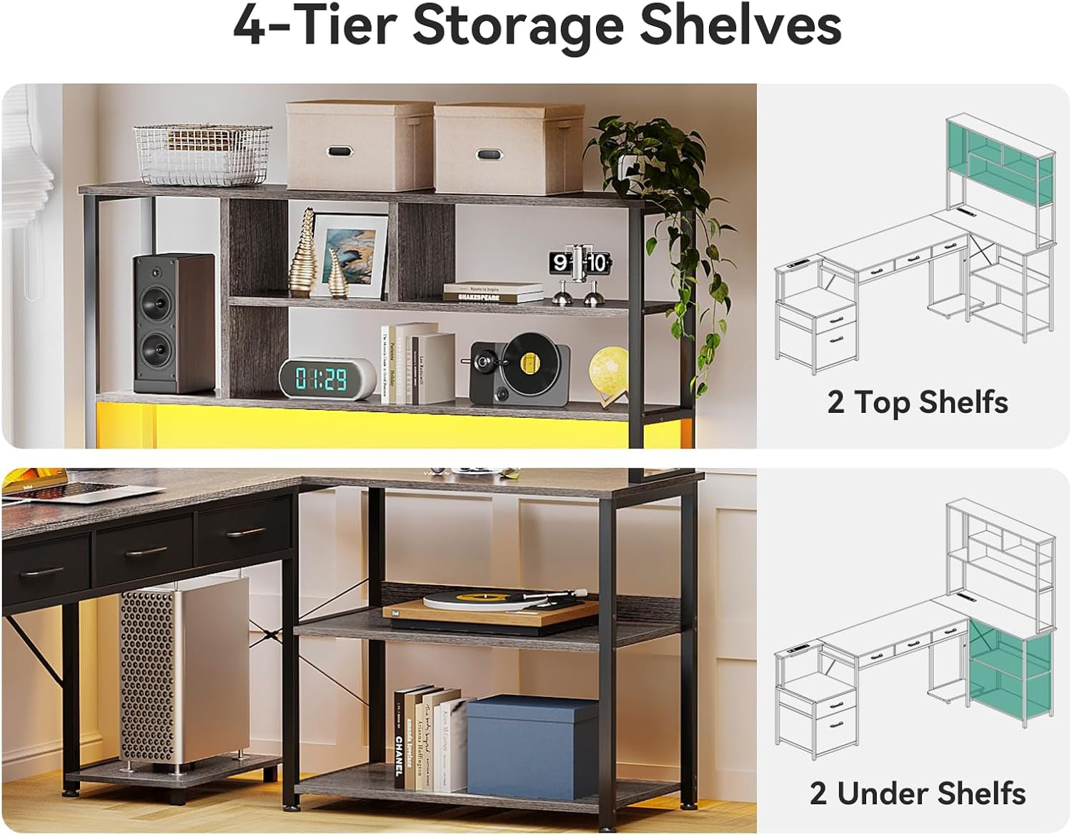 79 Inch L Shaped Desk with File Drawers, Reversible L Shaped Gaming Desk with Power Outlets & LED Lights, Computer Desk with Storage Shelves for Home Office, Grey Oak-4