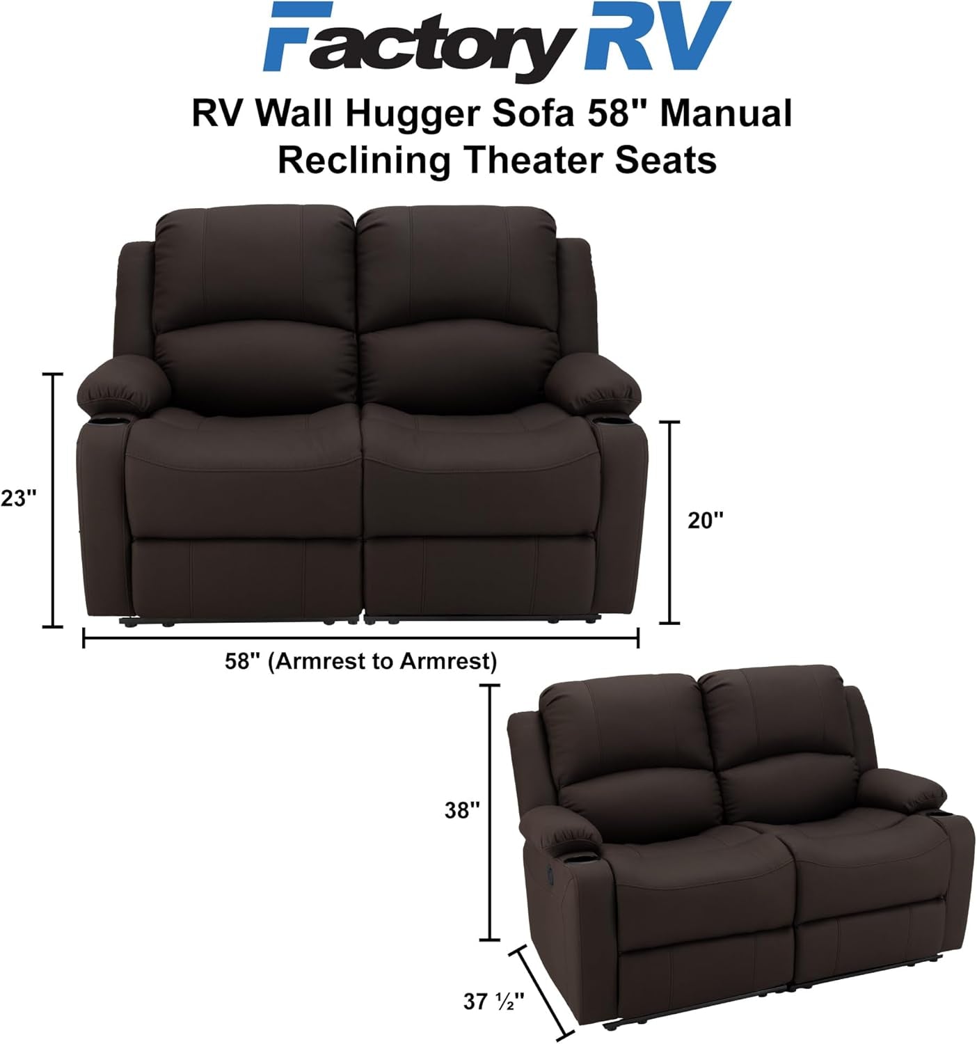 58" Wall Hugger Reclining RV Theater Seats | Double Recliner RV Sofa | RV Couch | Wall Hugger Recliner | RV Theater Seating | RV Furniture (Manual, Chocolate)-1