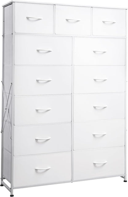 Tall Dresser for Bedroom with 13 Drawers, Storage Dresser Organizer Unit, Fabric Dresser for Bedroom, Closet, Chest of Drawers with Fabric Bins, Steel Frame, Wood Top, White-0