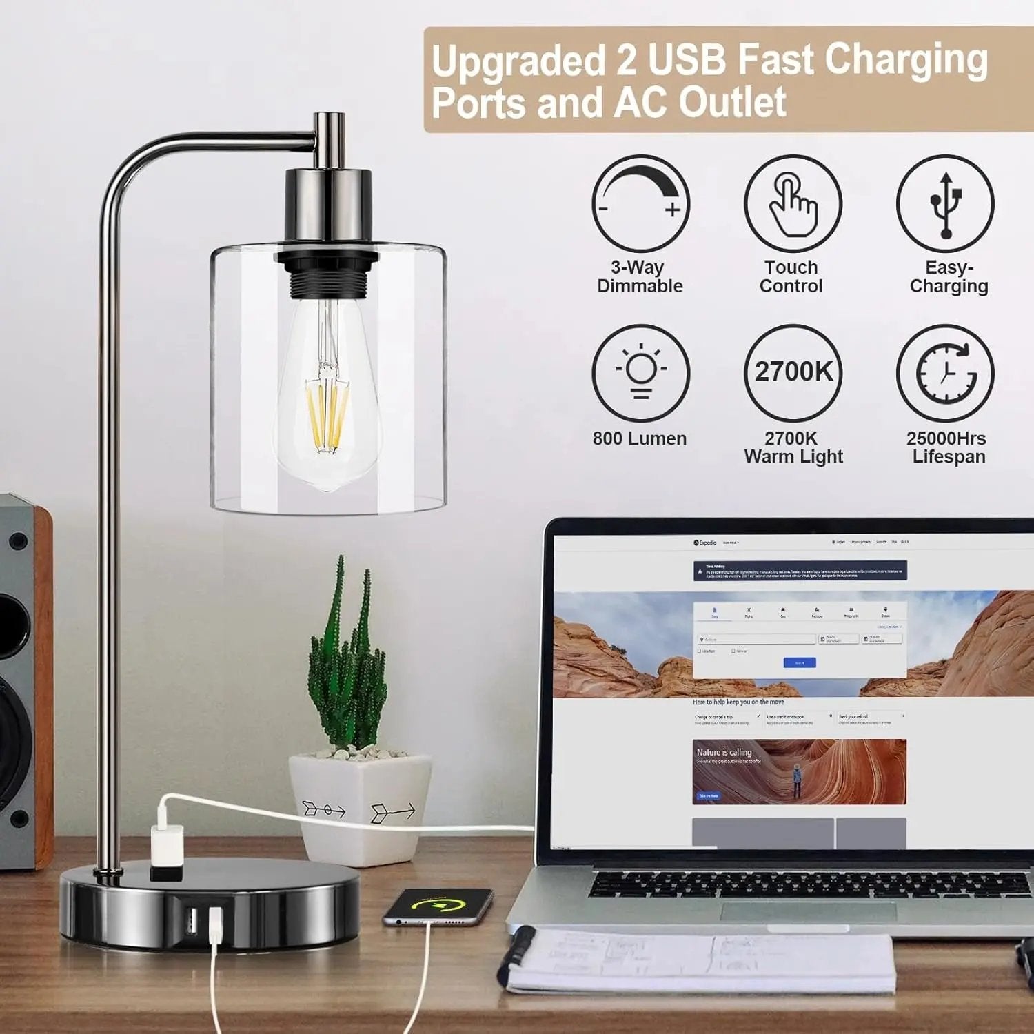 Industrial Touch Control Table Lamps Set of 2 - Black Nickel Bedside Lamps with 2 USB Ports & AC Outlet, 3-Way Dimmable Nightstand Desk Lamp for Bedroom Living Room, Glass Shade & 2 LED Bulbs Included-3