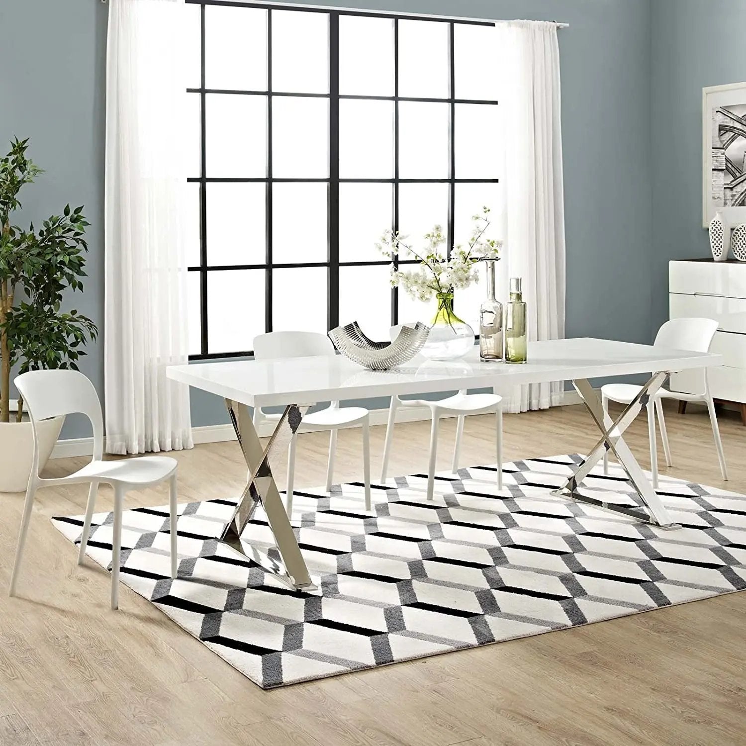 Modway Sector Modern Dining Table, White Silver-0