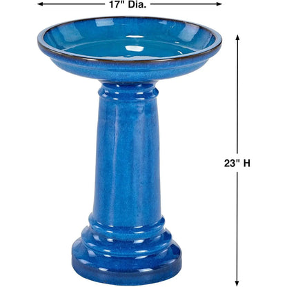 2 Gallon Blue Ceramic Traditional Outdoor Patio Garden Birdbath FastFurnishings