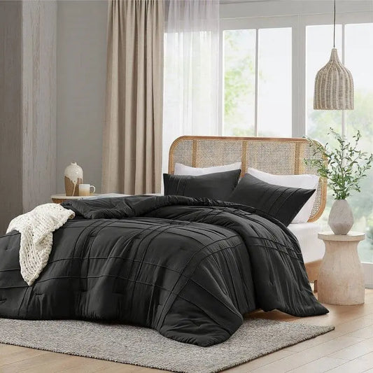 King size Pre-Washed Pleated Microfiber Comforter Set in Black FastFurnishings